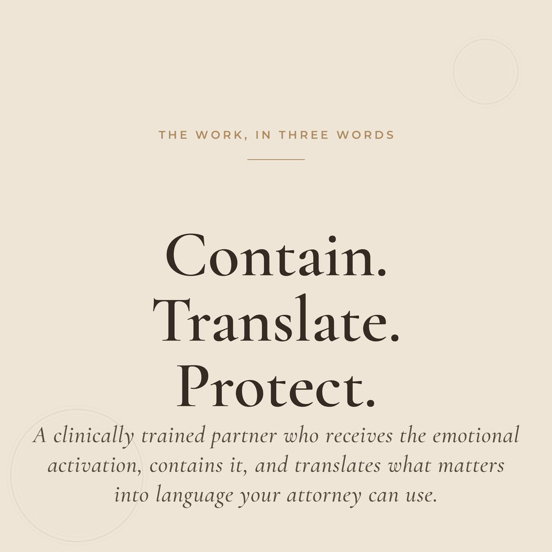 Contain. Translate. Protect. — A clinically trained partner who receives the emotional activation, contains it, and translates what matters into language your attorney can use.